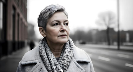 Portrait of a beautiful middle-aged woman on a city street.ai generatedの素材