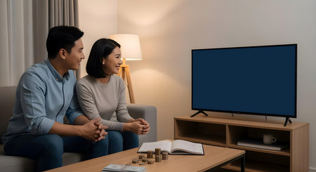 Young asian couple sitting on sofa in living room and watching television.ai generatedの素材