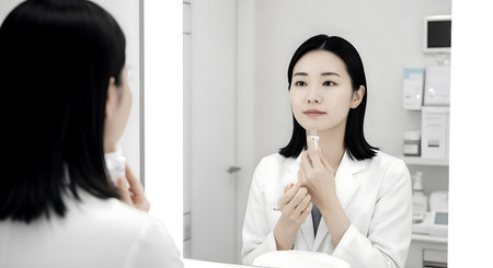 asian female doctor looking at mirror and applying cream on her face.ai generatedの素材