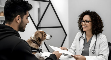 selective focus of smiling veterinarian in eyeglasses holding clipboard and looking at beagle dog.ai generatedの素材