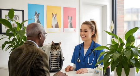 Veterinarian examining a cat in vet clinic. Animal care concept.ai generatedの素材