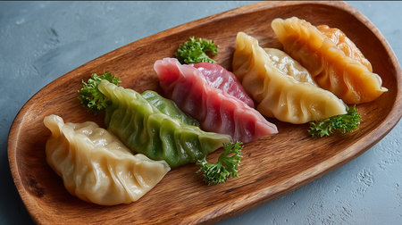 Traditional japanese dumplings in a wooden plate on a concrete background.の素材