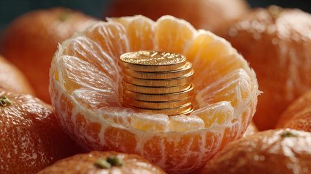 Ripe tangerines and stack of coins on dark background, closeupの素材