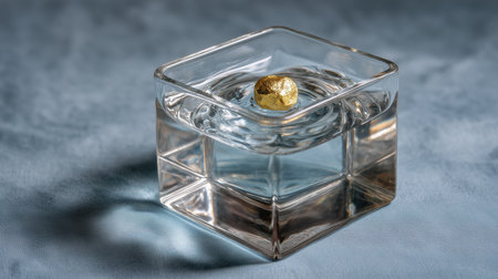 Close-up of a small glass cube with a golden ball insideの素材