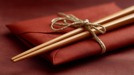 Pair of chopsticks on a red napkin, closeupの素材