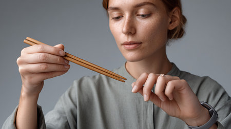 Close up of young woman holding chopsticks and looking at them. Serious redhead female holding chopsticks while standing against grey backgroundの素材