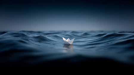 Paper boat floating in the sea, 3d rendering. Computer digital drawing.の素材
