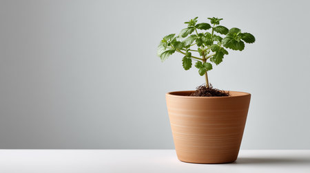 Plant in a pot on a white table with grey background.の素材