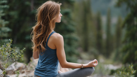 Beautiful young woman practicing yoga in nature. Healthy lifestyle concept.の素材