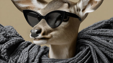 Funny deer wearing sunglasses and a gray knitted scarf. Studio shot.の素材
