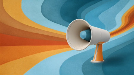 Megaphone on abstract colorful background. 3D rendering illustration.の素材