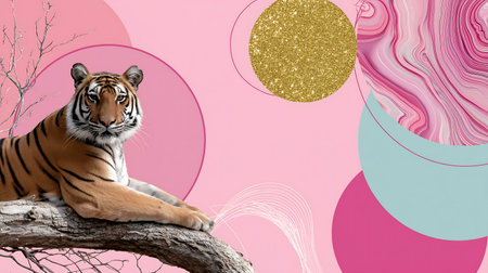 Tiger sitting on a tree branch with colorful abstract background,3d illustrationの素材
