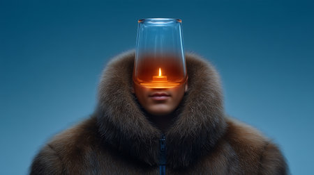 Man in a fur coat holding a burning candle in a glass.の素材