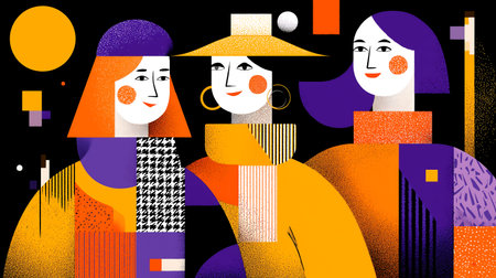 Vector illustration of women's faces in a collage style. Abstract geometric background.の素材