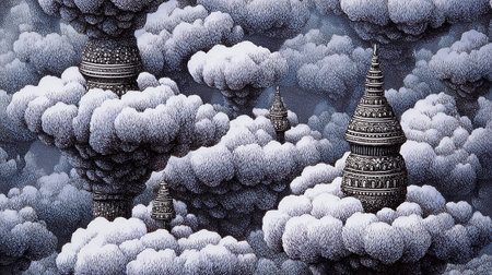 3D illustration of a lot of clouds and pagodas in the skyの素材