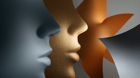 Two human heads with orange and blue colors. 3D rendering.の素材
