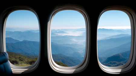 Beautiful view from the window of airplane with foggy mountains and blue skyの素材