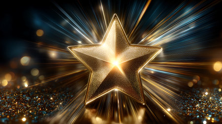 Gold star on a bokeh background. 3D illustration.の素材