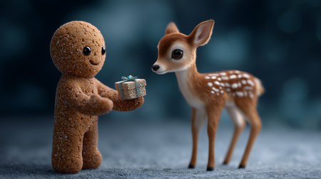 Cute little deer and gingerbread man with gift in hand.Christmasの素材