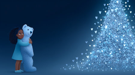 Vector illustration of a girl in a blue sweater with a Teddy bear in the shape of a Christmas tree.の素材