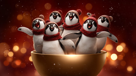 Cute christmas penguins in a bowl. 3d renderingの素材