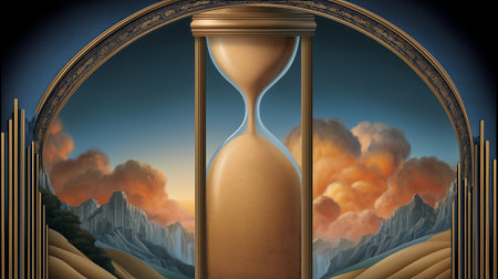 Hourglass and mountains in the background, 3d rendering. Computer digital drawing.Christmasの素材