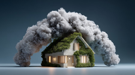 House with smoke cloud on blue background. Ecology concept. 3D rendering.Christmasの素材