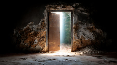 Open door in a cave with light coming out of it. 3D renderingの素材