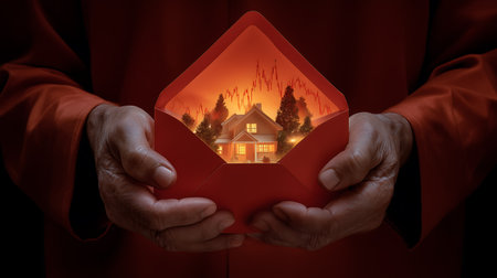 Hands holding a house in a heart shaped box against red background.Chinese New Yearの素材
