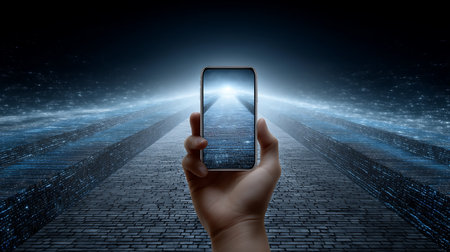 Smartphone in human hand on abstract city background. 3d renderingの素材