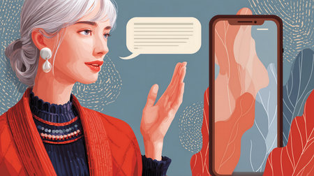 Vector illustration of a woman with a mobile phone and speech bubble.の素材