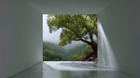 Digital composite of Green tree in a room with open door and fogの素材