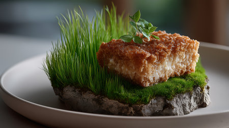 Crispy rice cake on a white plate with fresh green grassの素材