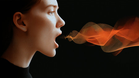 Portrait of a beautiful young woman blowing smoke on a black backgroundの素材