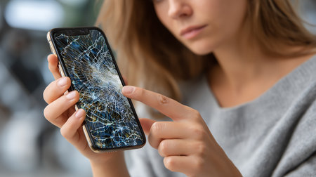 Young woman with broken smartphone, closeup. Broken mobile phone screenの素材