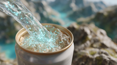 Pouring water into a cup on the background of a mountain landscapeの素材