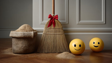Easter eggs with a broom on the floor. 3d renderingの素材
