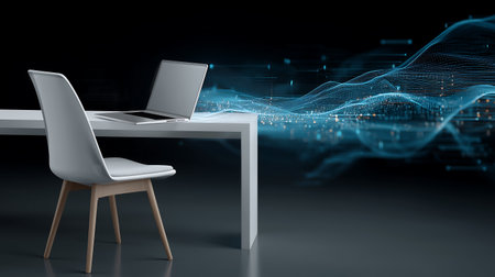 Laptop and office chair on a dark background. 3d renderingの素材