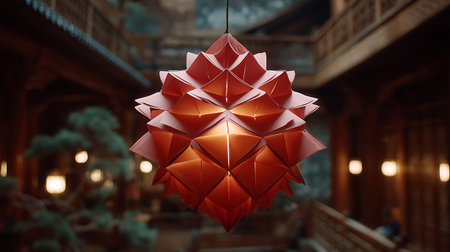 3d render of red origami christmas ball hanging on the ceilingの素材