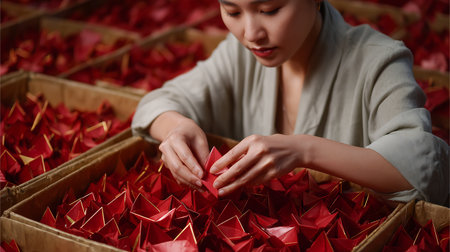 Close up of young woman making origami from red rose petalsの素材