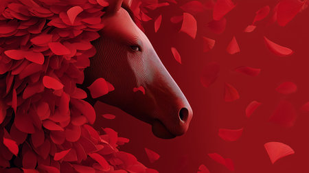3d rendering of a horse head surrounded by red rose petalsの素材
