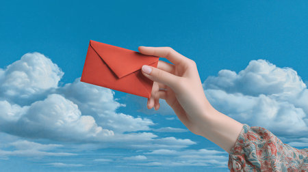 Female hand holding a red envelope on a blue sky background with cloudsの素材