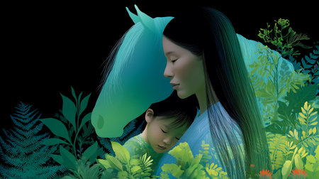 Mother and daughter in the jungle. Conceptual illustration of motherhood.の素材
