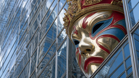 Mardi Gras mask in front of a skyscraper in Parisの素材