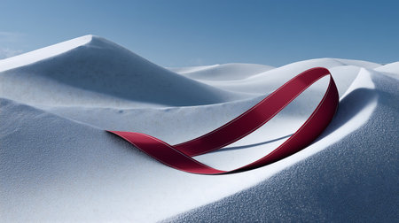 3d rendering of a red ribbon in the snow on a sunny dayの素材