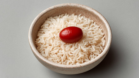 Ceramic bowl with cooked rice and tomato on a gray backgroundの素材