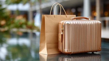 Suitcase and paper bag on the table in the shopping mallの素材