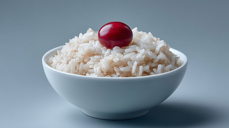 Rice in a white bowl with a cherry on a gray backgroundの素材