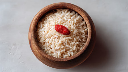 Rice in a wooden bowl on a white background, top viewの素材