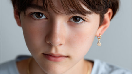 Portrait of a beautiful young girl with brown hair, close-upの素材